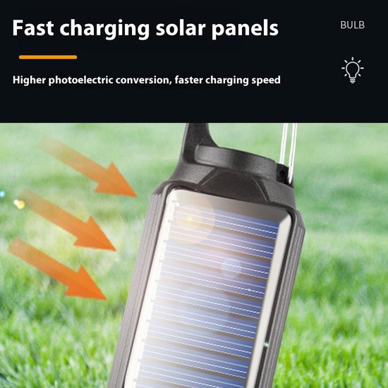 Op zonne-energie werkende, oplaadbare campinglamp, 5 hangende LED-lampjes, USB-C opladen, IPX4 waterdicht, inclusief afstandsbediening, warm wit licht. — afbeelding 5