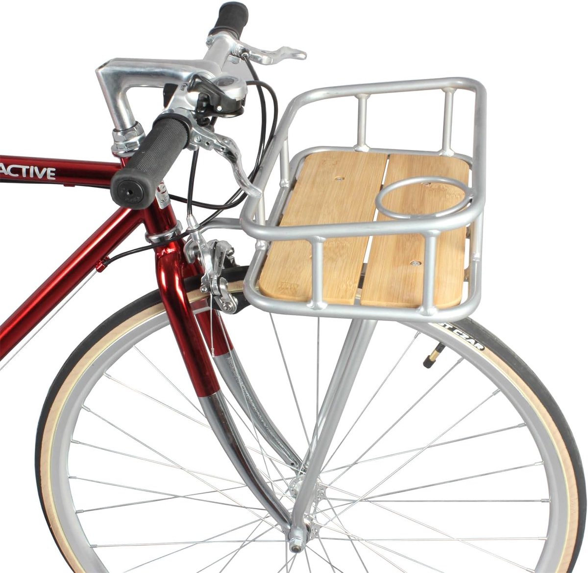 Fietsmand met Flessenhouder - Fietsmand Bagagedrager - Boodschappen Doen - Aluminium Frame Bamboe Vloer - 37.6 x 22.4 cm - Zilver