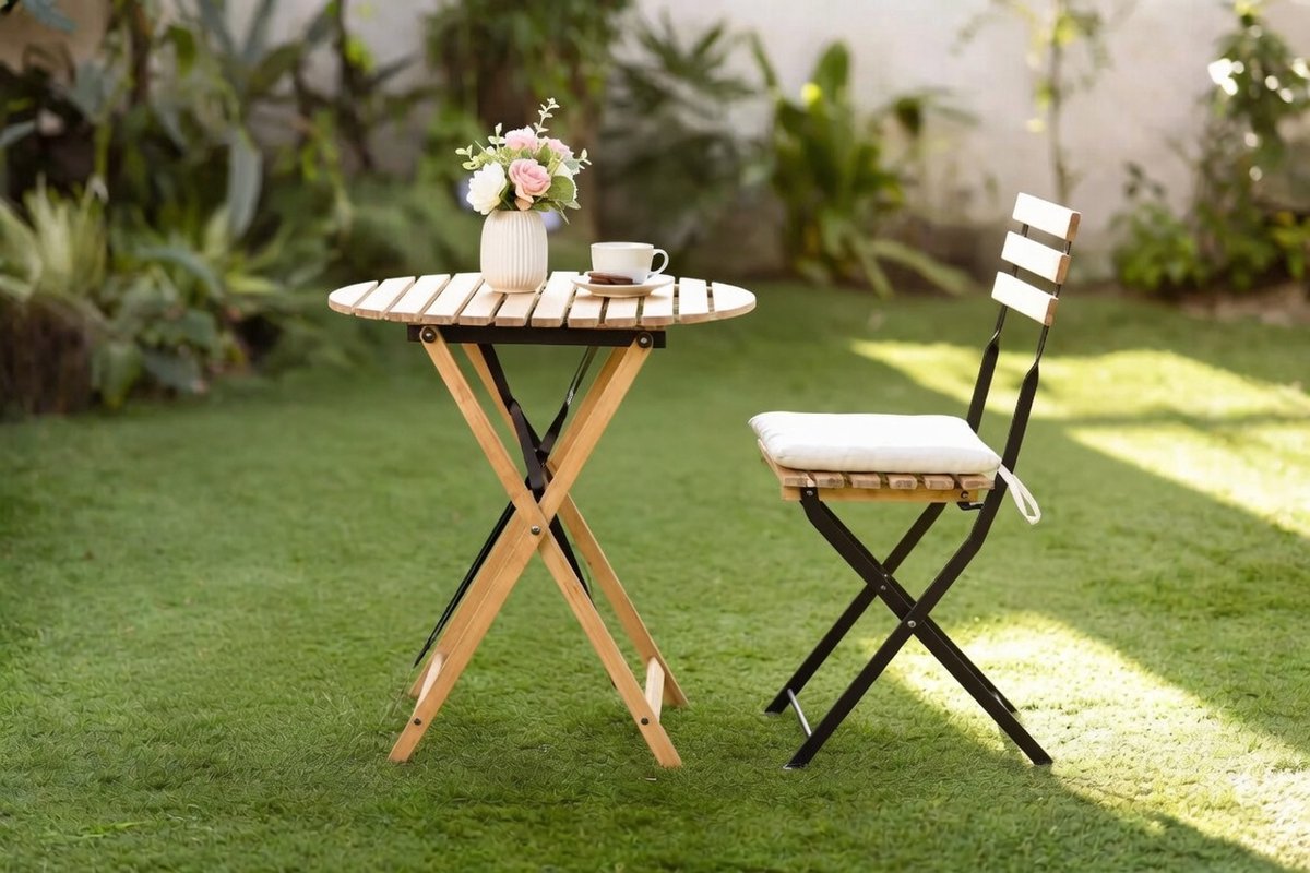 3-delige inklapbare acaciahouten balkonset met ronde tafel en 2 comfortabele stoelen met kussens – compacte bistro tuinset voor balkon, tuin en terras – Beige | Industrohome