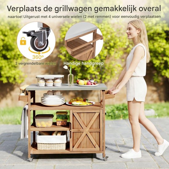 Buitenkeuken op Wielen - BBQ Trolley - Met Opbergkast & Planken - Werktafel voor Buiten - Hout & Metaal - Multifunctioneel - Koffie + Zilver van Merkloos — afbeelding 3