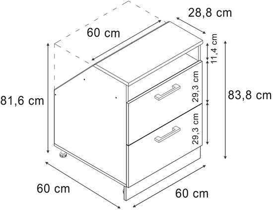 Technische tekening van een witte kast met 2 donkere laden en afmetingen
