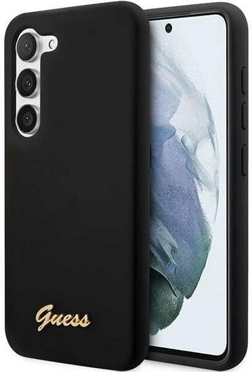 Guess Hoesje Siliconen Hard Case Gold Logo Zwart Geschikt voor Samsung Galaxy S23