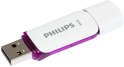 Witte Philips 64GB USB-stick met paarse accenten, connector zichtbaar.