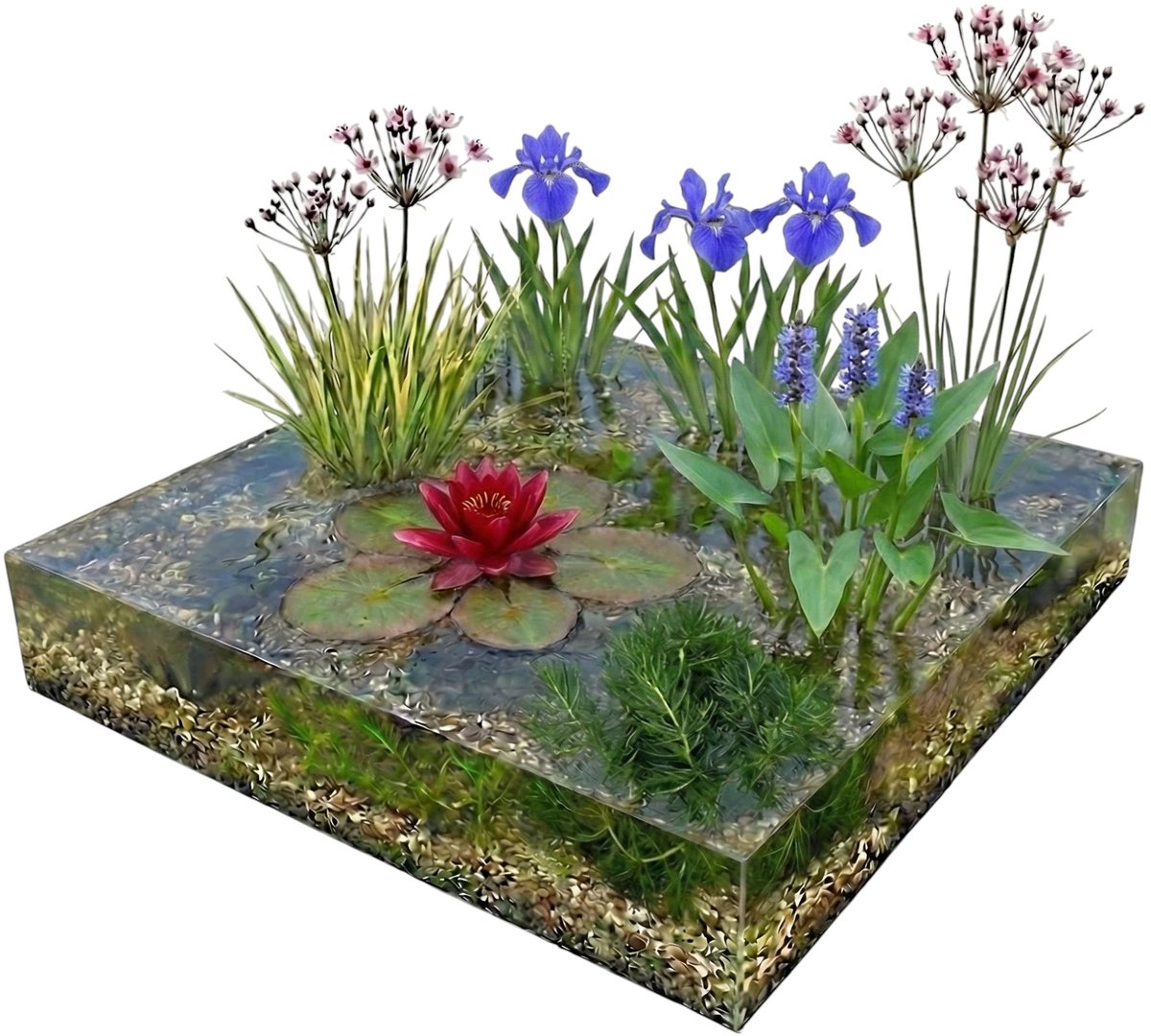 vdvelde.com - Compleet vijverpakket rood 100-400L - Rode waterlelie Nymphaea Attraction met oever- en zuurstofplanten, vijvermandjes, substraat & BACTA TAB - Direct planten
