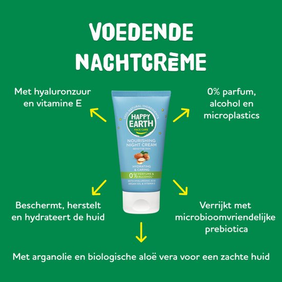 Happy Earth voedende nachtcrème: informatie over ingrediënten, voordelen en 0% parfum, alcohol en microplastics.