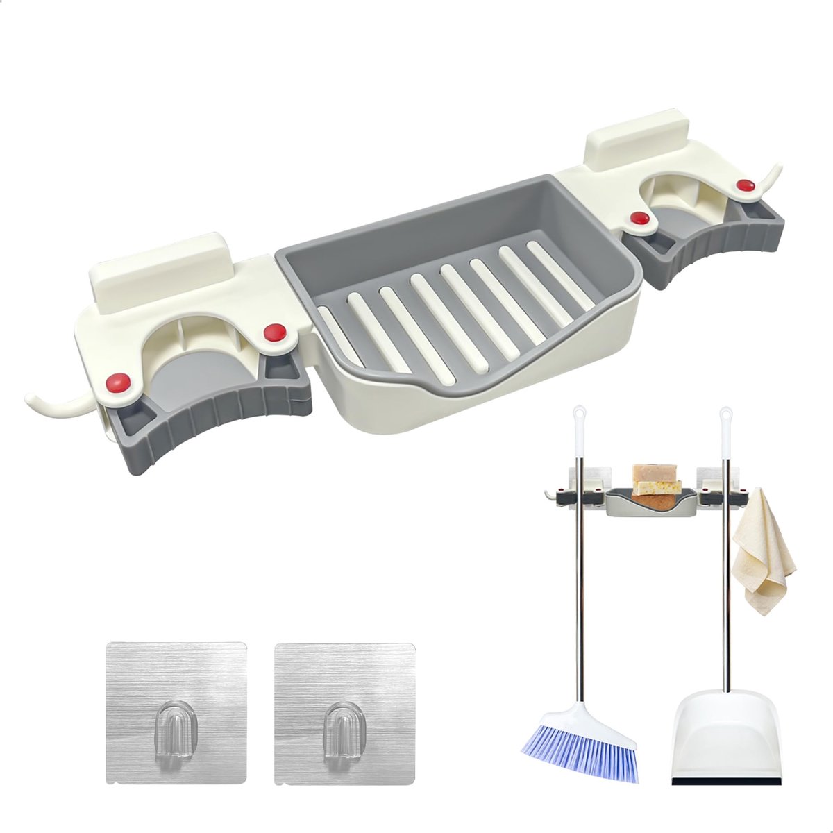 Allecto - Broom Pug Holder - Broomhouder - Multifunctioneel - Wit - Wandhouder - Voor keuken garage en tuin - 2 haken en 2 planken