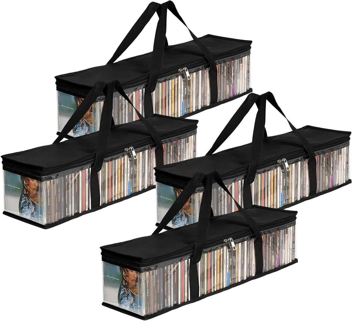 Transparante opbergvakken voor dvd's en cd's - Waterafstotende draagtas met handgrepen voor media, albums en boeken, 4 stuks