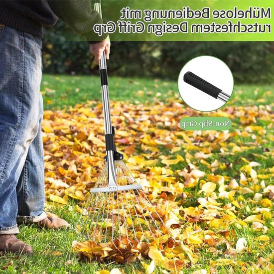 Tuinhark met Handvat, Tuinhark met Handschoenen, Verstelbare Hark voor Bladeren, Ideaal voor het Schoonmaken van Tuinen en Gazons — afbeelding 4