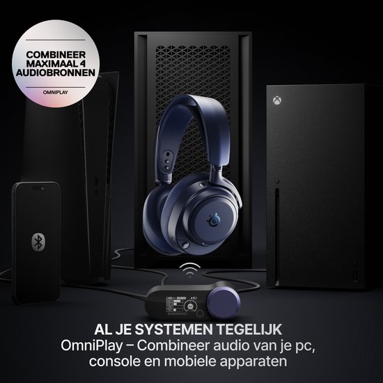 Donkerblauwe headset verbonden met een pc, Xbox en smartphone.
