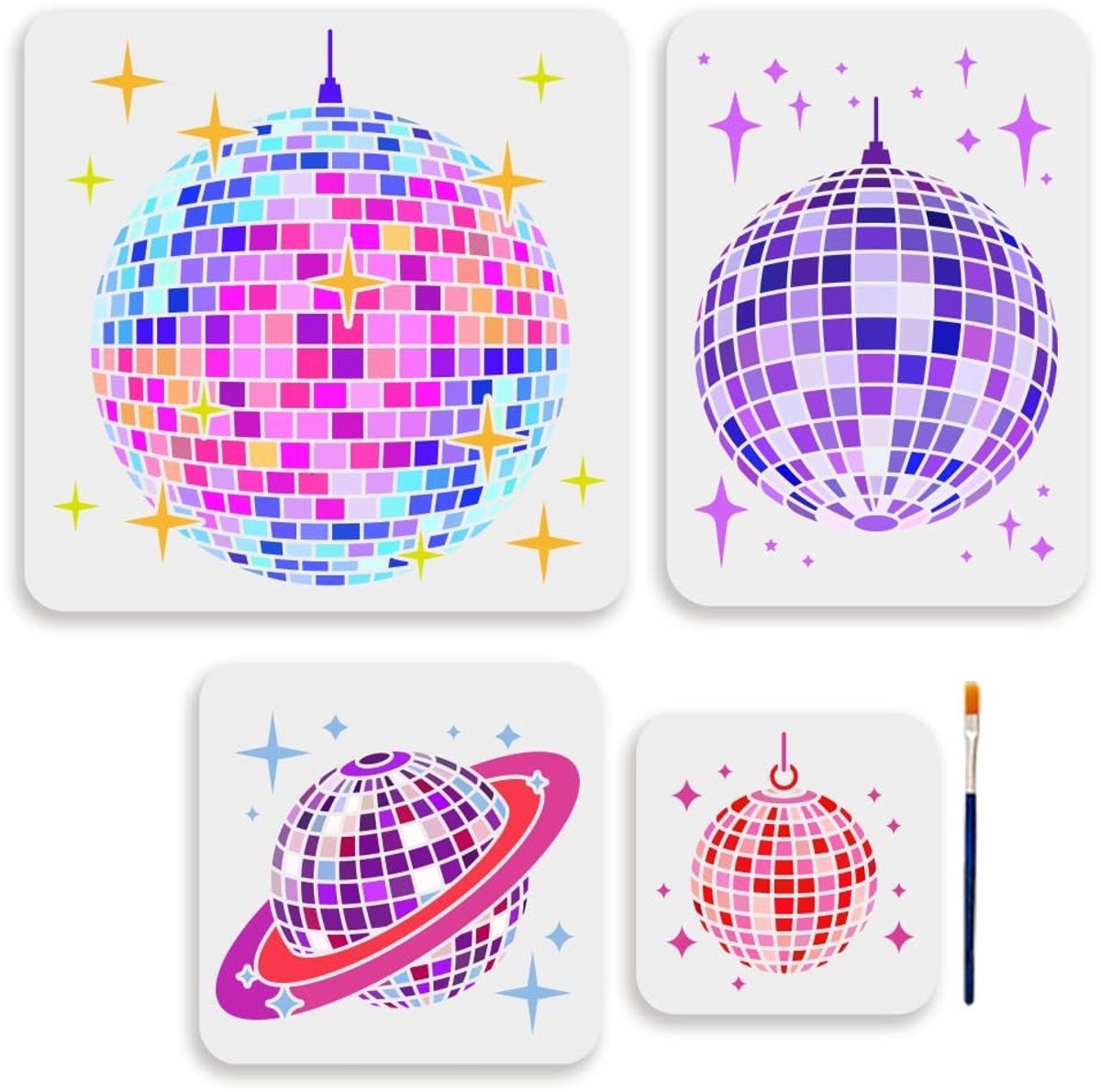 Allecto - Disco bal stencil - Creatief schilderen - 4 formaten - Oogverblindende ontwerpen - Muziek thema - Geschikt voor muren en meubels