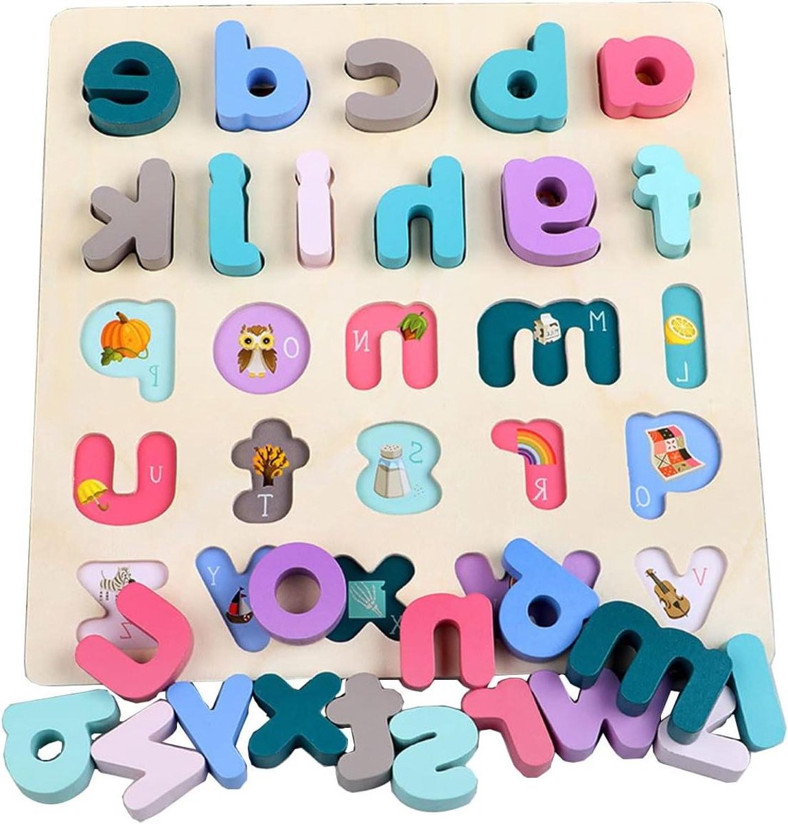 Houten Alfabet Puzzel - Leerpuzzel Blokken - Vroege Educatie - Kleine Letters - 30 x 30 x 1 cm