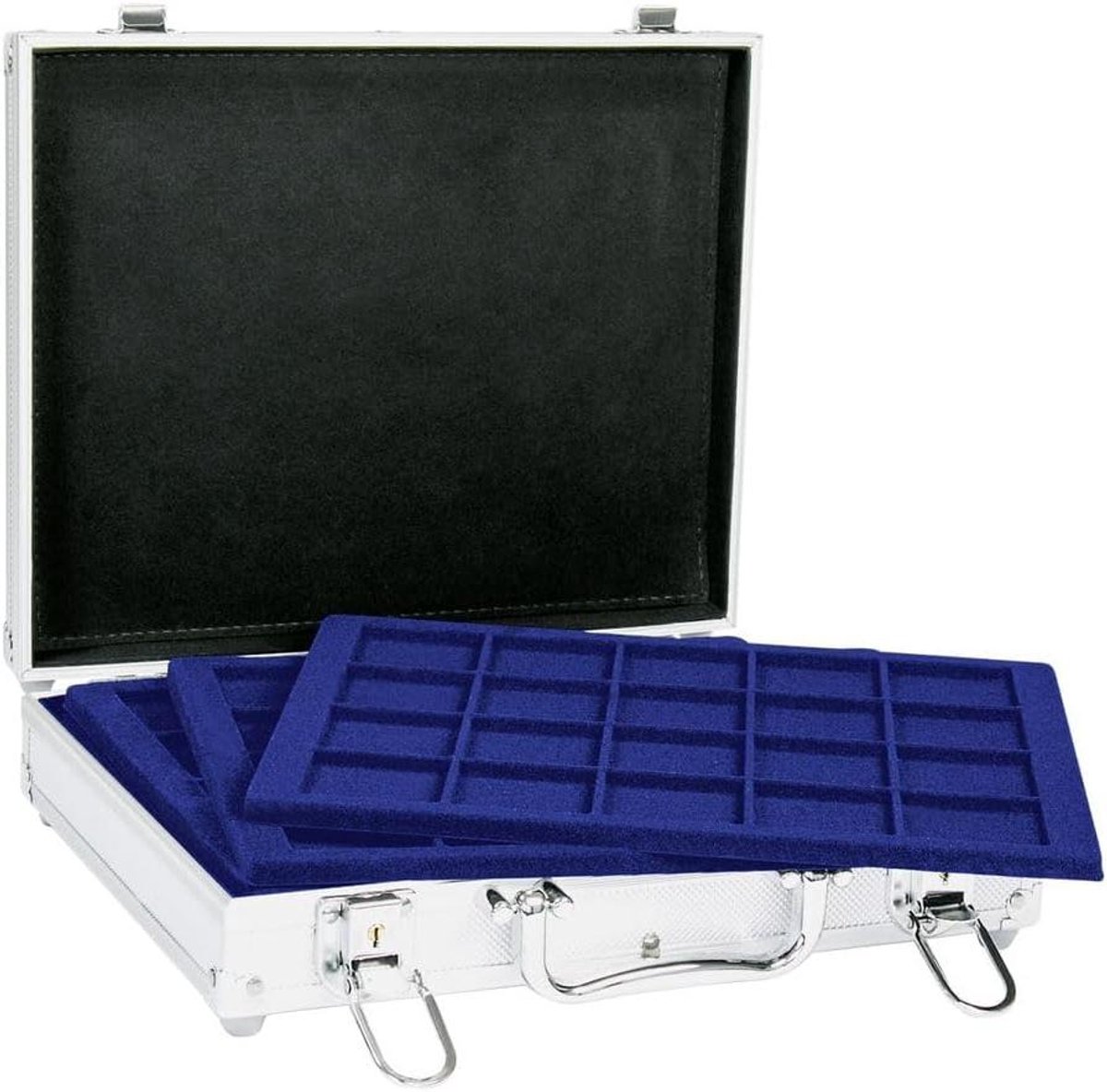 Muntkoffer Aluminium - Muntenkoffer - Munten Verzamelen - Afsluitbare Koffer - 305x265x75 mm - Blauw