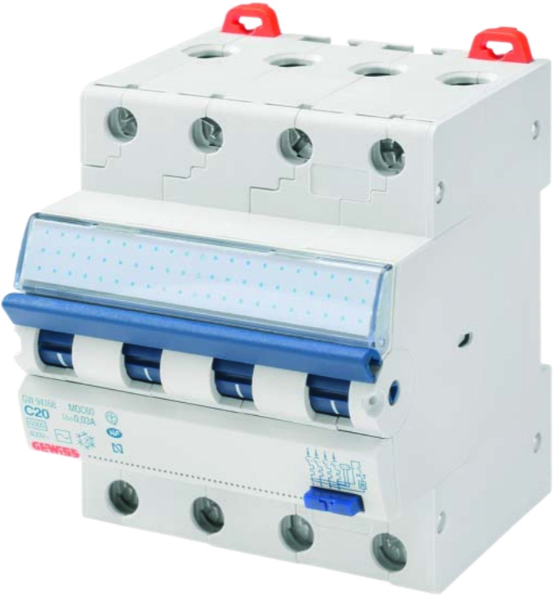 Gewiss KOMPACT AARDLEKAUTOMATISCHE SCHAKELAAR - MDC 60 - 4P KARAKTERISTIEK C 16A TYPE A Idn=0,3A - 4 TE, GW94377