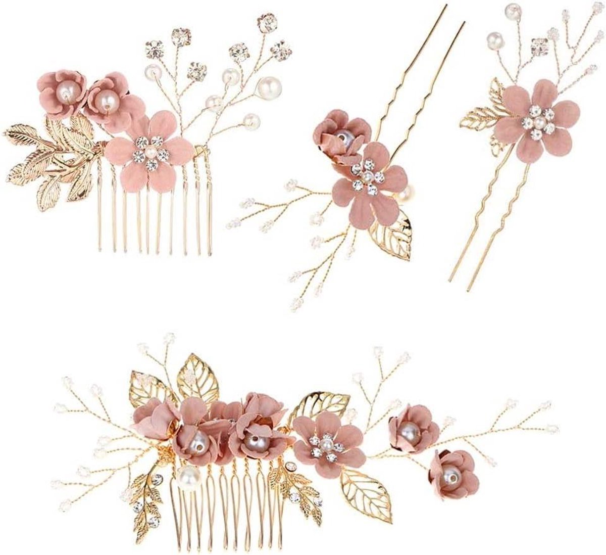 Bruid Haarclips - Haaraccessoires Bruiloft - Bruiloft Feest - Parels en Strass - 4 Stuks - Roze