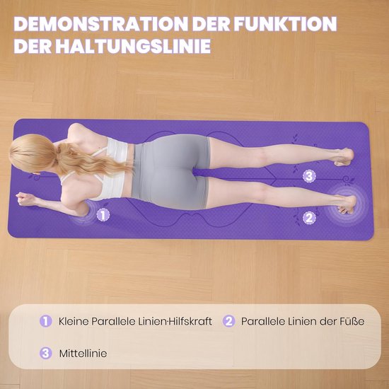 Yogamat met Lijnen - Sportmat Fitnessmat - Yoga en Pilates - Precisie Uitlijning Systeem - 183 x 61 cm - Lila van Yogamat — afbeelding 5
