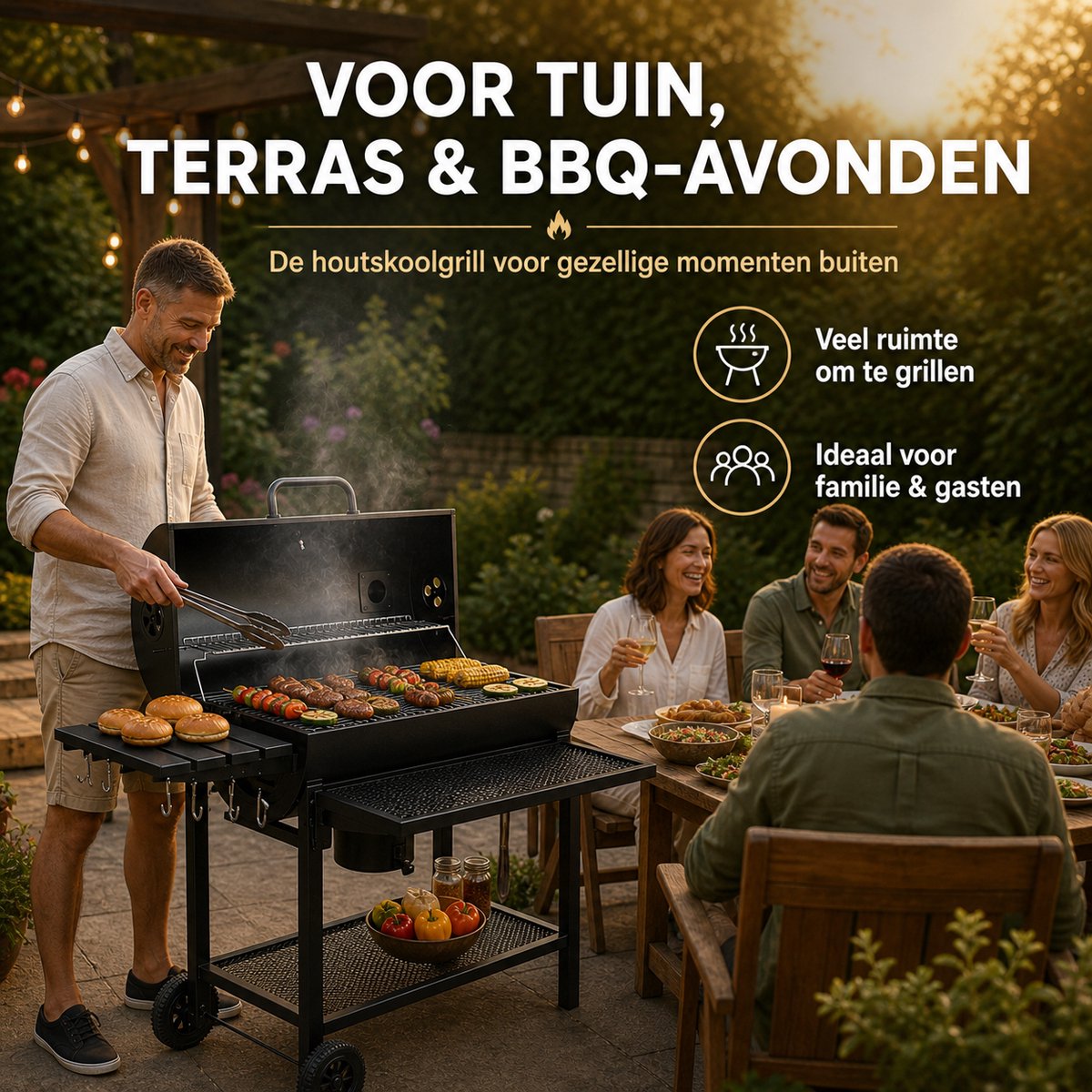 Houtskool BBQ - Smoker Barbecue XL - BBQ met Wielen - 70x37cm Grilloppervlak - Zijpanelen - Zwart – foto 6