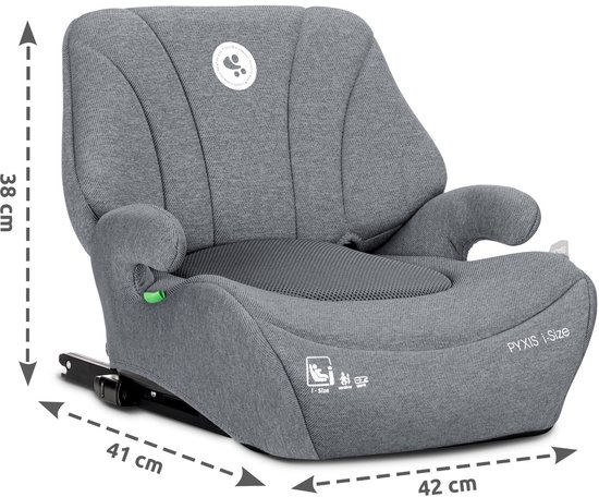 Grijze autostoel, 38cm hoog, 41cm breed en 42cm diep.