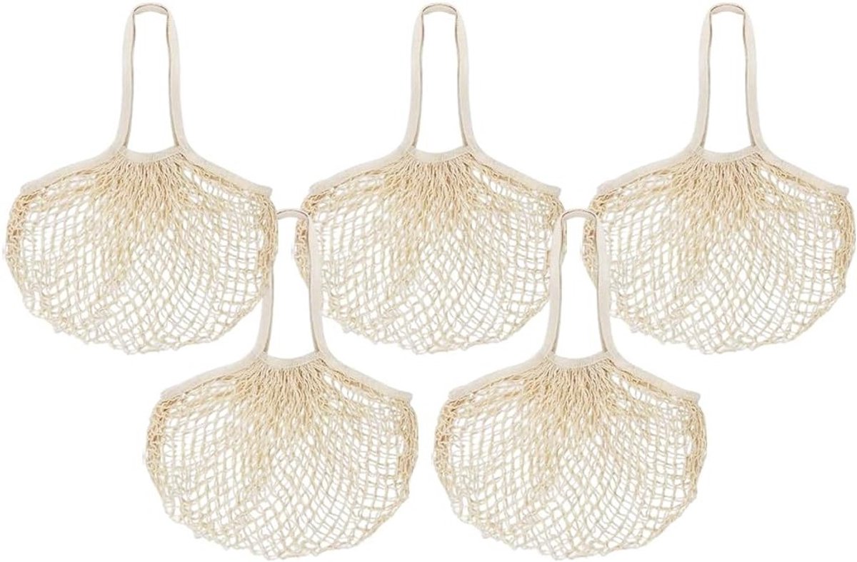 Herbruikbare Katoenen Shopping Bag Set van 5 Stuks met Lange Handvatten, Ideaal voor Boodschappen, Strand en Groenten