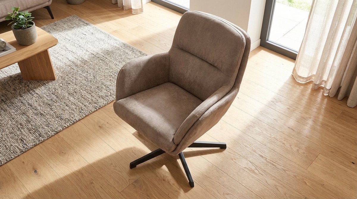 Draaifauteuil met Draaifunctie & Kantelmechanisme 70x77x90 cm – Comfortabele Relax Fauteuil in Taupe Micro Suede – Zwart Metalen Onderstel – 360° Draaistoel Woonkamer – House&Garden Moss Design Fauteuil