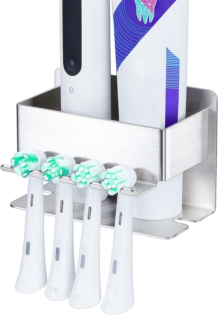 Wandhouder voor tandenborstels met zelfklevende tandpasta-dispenser en ruimte voor elektrische borstels, ideaal voor de badkamer zonder boren