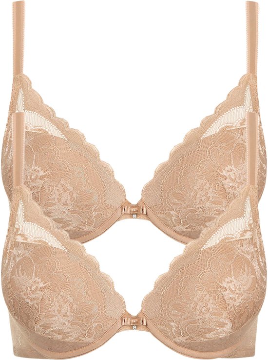 Twee beige push-up bh's met kanten details en een strikje middenvoor.