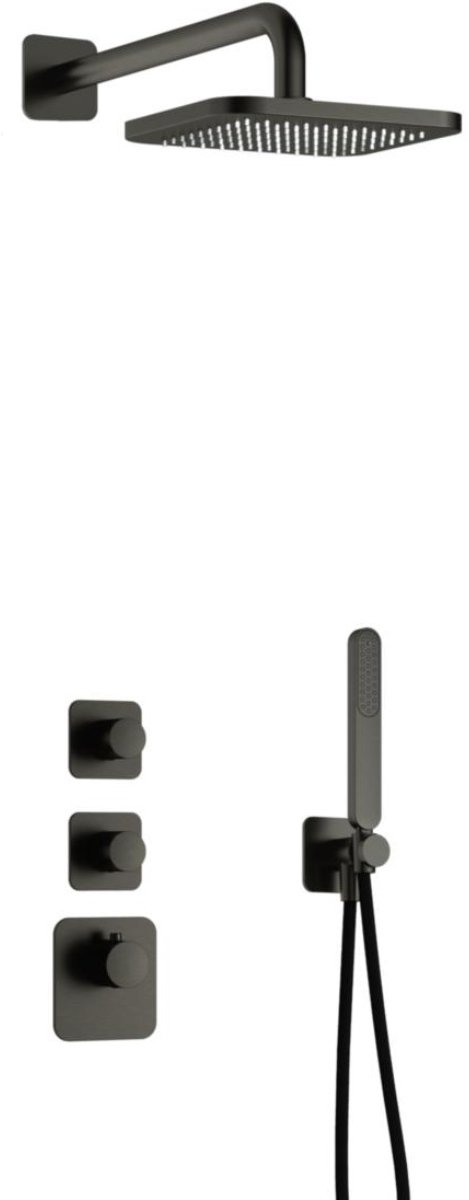 Hotbath Gal - Inbouw Regendoucheset - Geborsteld Gunmetal PVD - 2 Stopkranen - Thermostati
