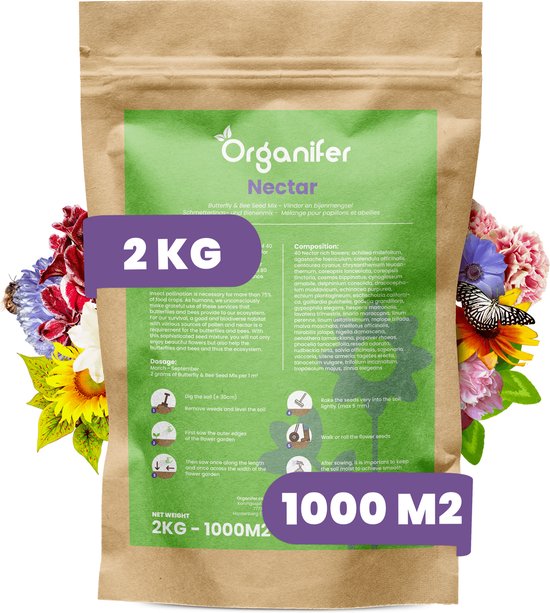 Vlinderbloemen en Bijenmengsel - 40 soorten - 2 kg - 1000 m2 - Veldbloemen - Bloemenzaad Vlinders - Bloemen - Bloemzaden - Bloemenzaad Voor Bijen - Veldbloemen Zaad - Vlinderbloemen - Nectar - Organifer