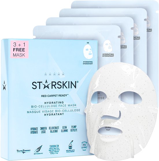 STARSKIN® Red Carpet Ready (3+1) Coconut Bio-Cellulose Hydraterend Gezichtsmasker voor Alle Huidtypes, Glass Skin Effect, Koreaans Huidverzorgingsmasker, Directe Hydratatie, Revitaliserend en Voedend