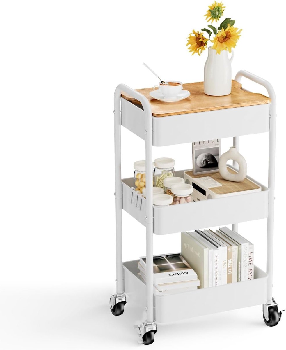 Multifunctionele 3-laags trolley met tafelblad, serveertrolley, metalen opbergwagen met wielen voor keuken, badkamer en kantoororganisatie