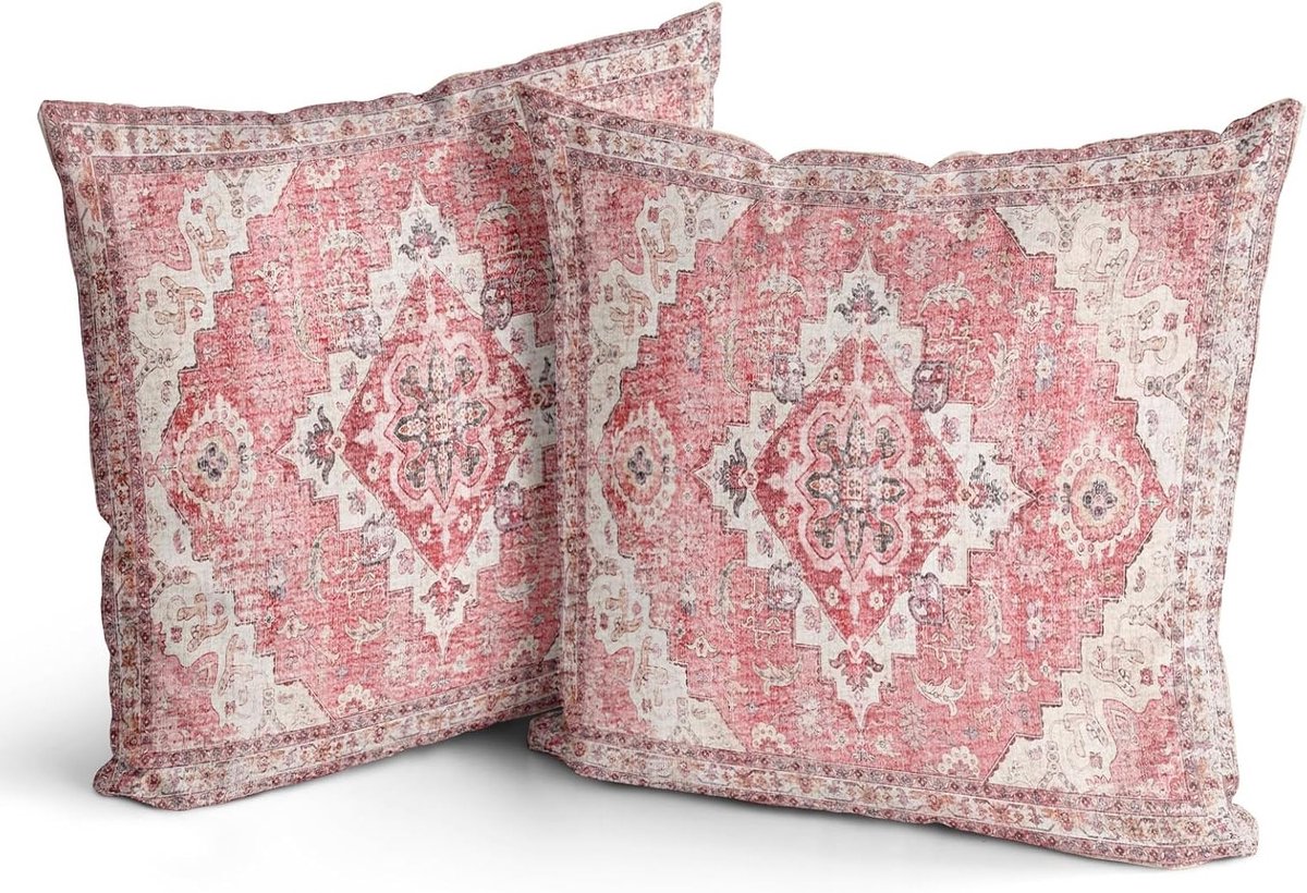 Set van 2 Boho Kussenslopen - Antiek Roze Vintage Ontwerp, Dubbelzijdig Patroon - Zachte D