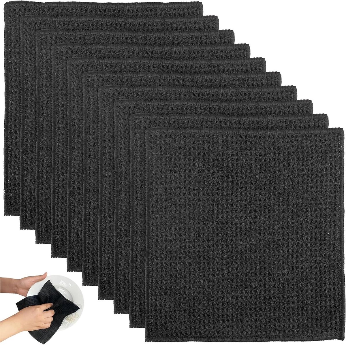 Set van 10 Microvezeldoeken 20 x 20 cm Zwart - Absorberend, Lintvrij en Ideaal voor Keuken, Ramen, Badkamer en Auto