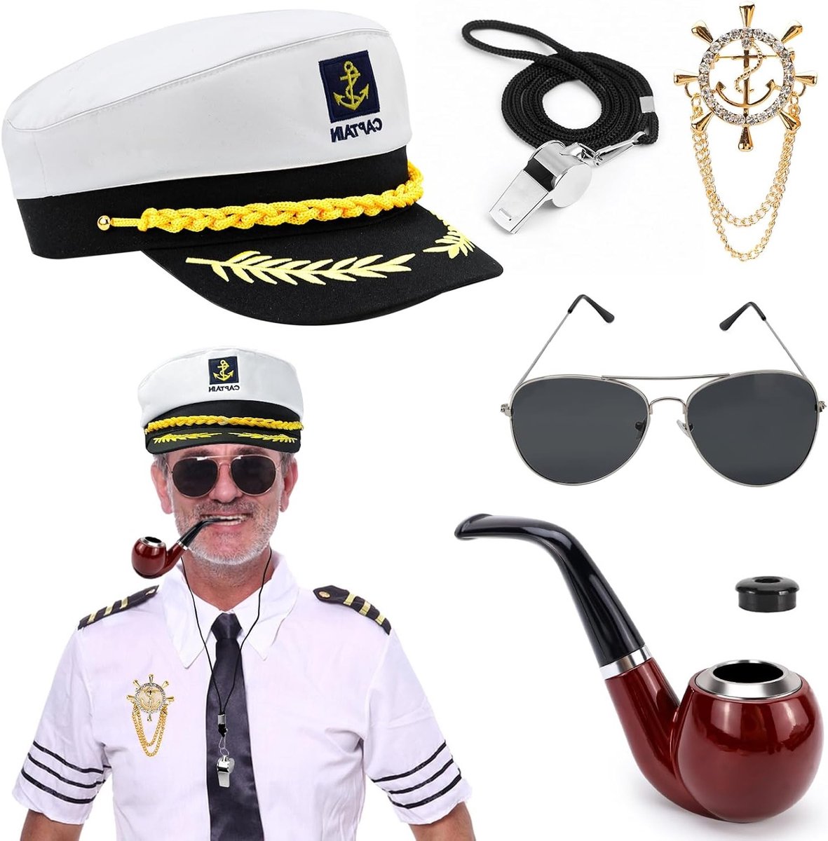 Yacht Sailor Hoed voor Kapitein - Verstelbare Boot Hoed met Zonnebril en Kostuum Accessoires voor Feestdecoratie en Maritieme Evenementen