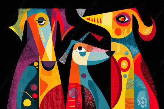 K&C Art (Aluminium schilderij) 120x80cm | Abstract kleurrijke honden - dier - felle kleuren - geel - rood - blauw - paars - modern | Woonkamer - slaapkamer - hal - kantoor | Foto schilderij print op dibond - wanddecoratie - muurdecoratie - wall art