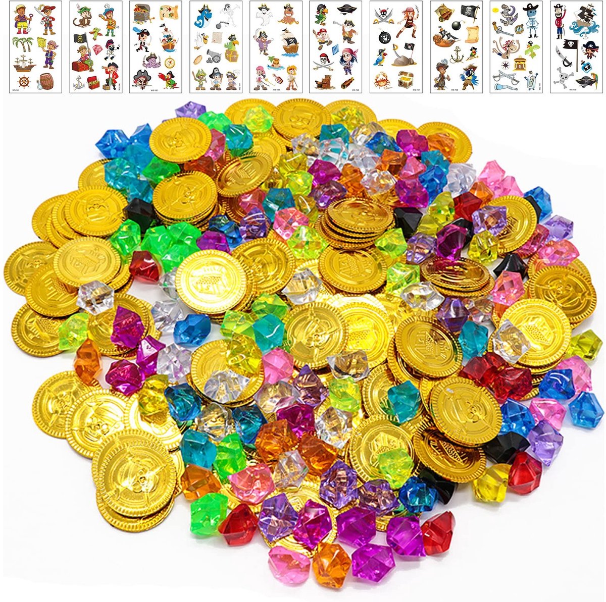 Dailygoody - Piraten edelstenenset - Piratenfeest - Perfect voor schattenzoekers - 160 gouden munten en edelstenen - Voor kinderen - Verjaardagscadeau