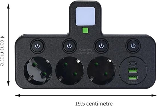 Zwarte stekkerdoos met 3 stopcontacten, 2 USB-poorten, 1 USB-C-poort en 4 aan/uit-knoppen.