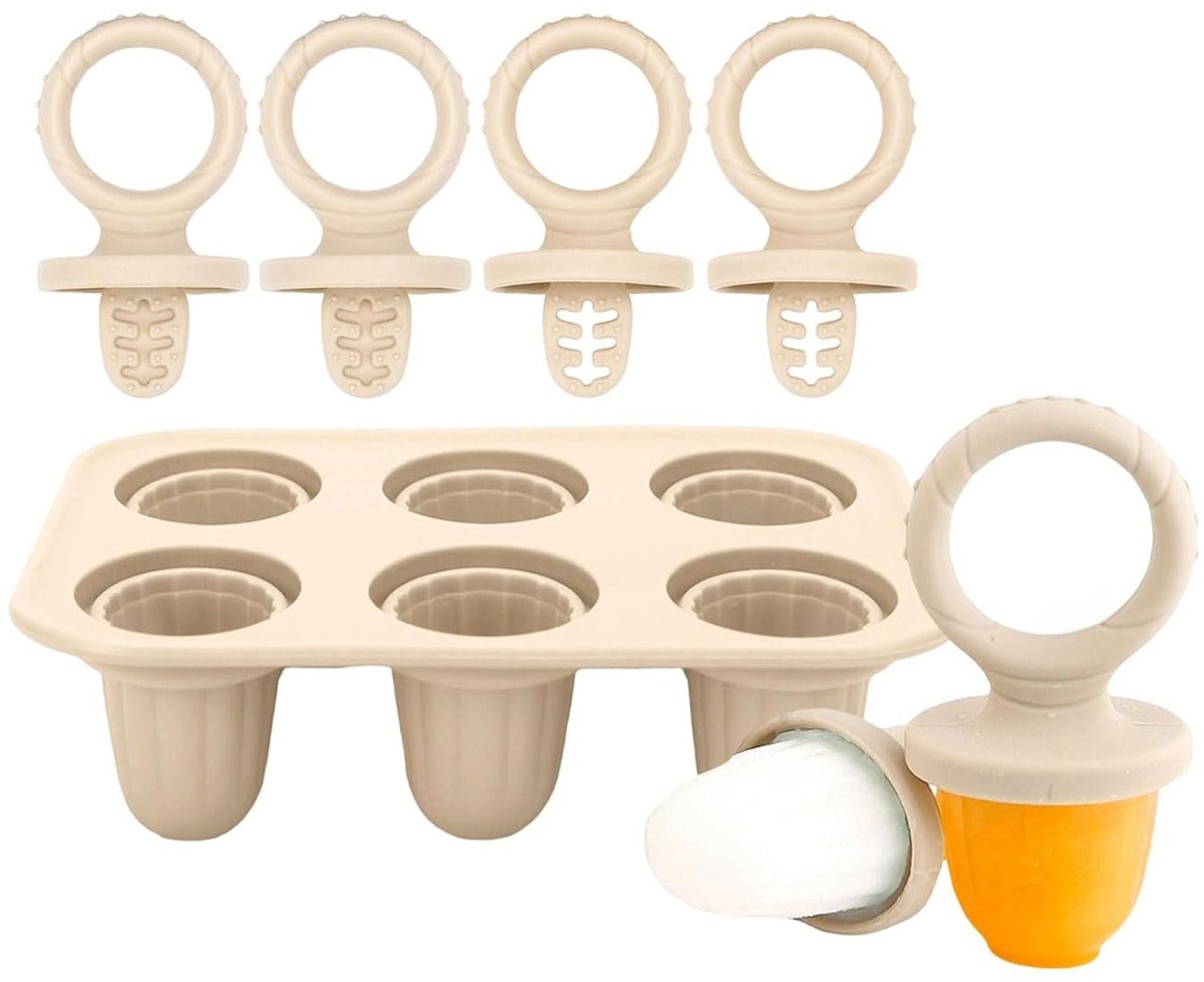 VHV - Ijsvormpjes - Ijsblokjesvorm - Siliconen ijslollyvormpjes - 6 ijslollyvormpjes met plastic stokjes - Voor jonge kinderen - Beige