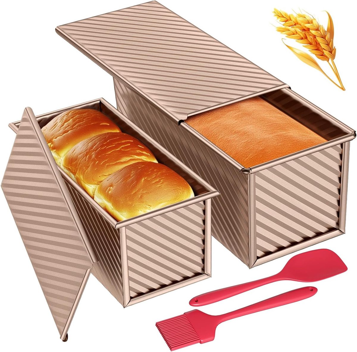 Set van 4 Stukken Brood Bakvormen met Deksel, Antiaanbaklaag voor Toast en Cake (Roze Goud)