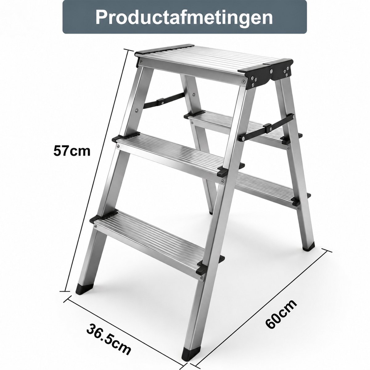 Aluminium Trapladder 3 Treden Dubbelzijdig Opvouwbaar – Huishoudtrap Breed 36,5 cm – Lichtgewicht Keukentrap – foto 6