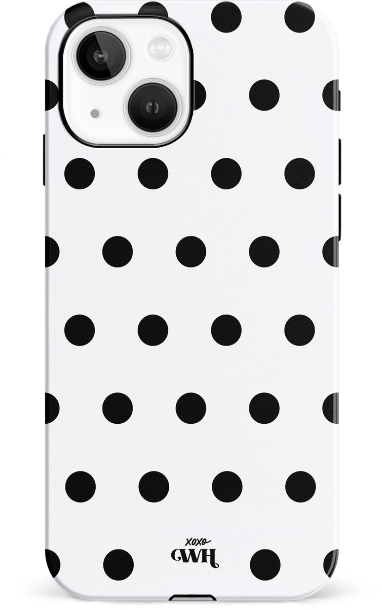 xoxo Wildhearts Polka Dots (Wit) - Double Layer - Hoesje geschikt voor iPhone 15 hoesje - Hard case met stippen patroon - Beschermhoes - shockproof case - Stippatroon - Wit / Zwart