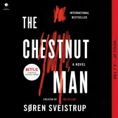 Boekomslag van 'The Chestnut Man' met rode en zwarte elementen. In het midden staat de titel in grote witte letters. Links staat een rood Netflix-logo.