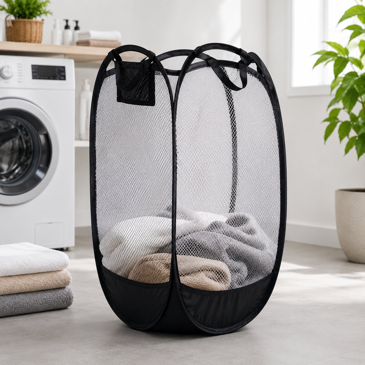 HEM Opvouwbare Waszak 64 Liter – Pop-up Wasmand – Inklapbare Laundry Bag met Handgrepen – 36x36x58 cm – Zwart