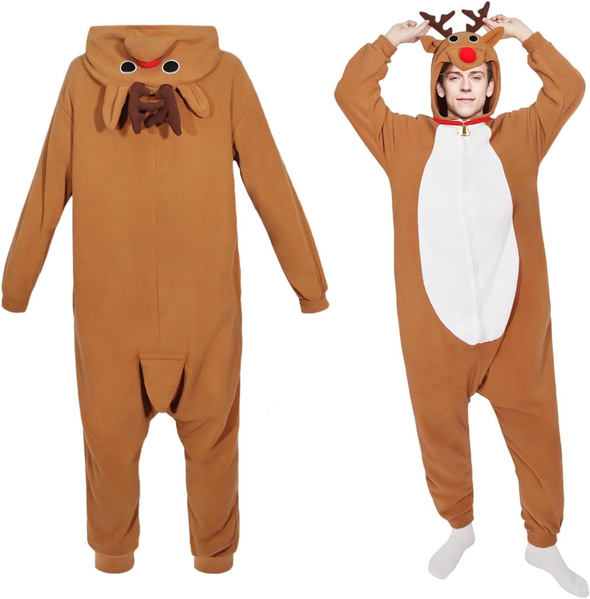 Volwassen rendier kostuum voor kerst, jumpsuit outfit voor mannen en vrouwen, perfect voor cosplay en feestjes met capuchon en rits in bruin
