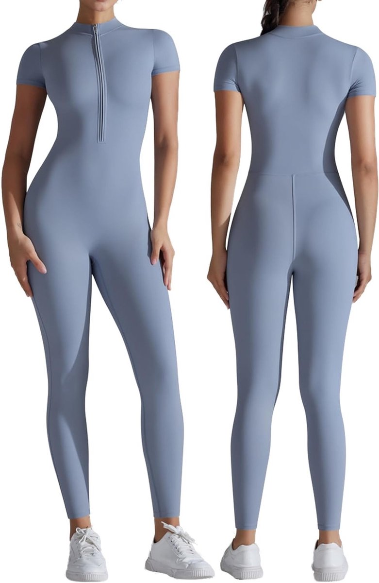 Yoga Jumpsuit voor Dames - Bodycon Bodysuit met Korte Mouwen voor Fitness en Workout, Blauw, Maat L, Sportieve Kleding voor Gym en Yoga