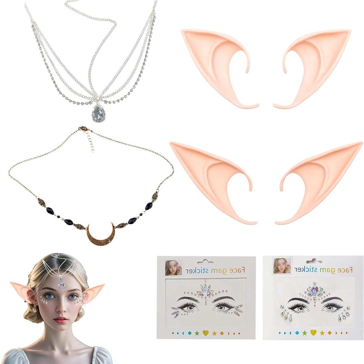 Set van Elf Oren met Retro Maan Oorbellen en Kristallen Hoofdband voor Cosplay, Halloween en Carnaval Accessoires