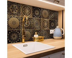 Dailygoods - Mandala muur tegelsticker - Zelfklevende PVC tegels - Waterdicht - Zwart goud - Decoratieve muurstickers - Geschikt voor keuken en badkam