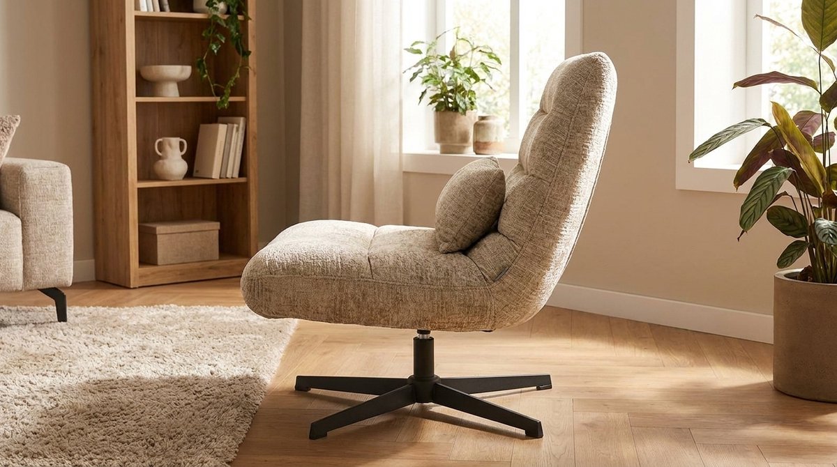 Draaifauteuil Beige Chenille 360° Draaibaar 77x62x53 cm – Moderne Lounge Fauteuil met Zwart Metalen Onderstel – Comfortabele Design Relaxstoel Woonkamer – House&Garden Nox Elegance