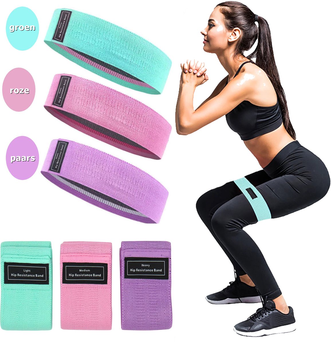 CenZ® Weerstandsbanden Set, Resistance Band, Set van 3 stuks, Antislip Weerstandsbanden, Fitness Elastiek Booty Band, Weerstand Banden, Sport Banden, Home Workout, Stretch Band, met Opbergtasje, Groen, Roze, Paars