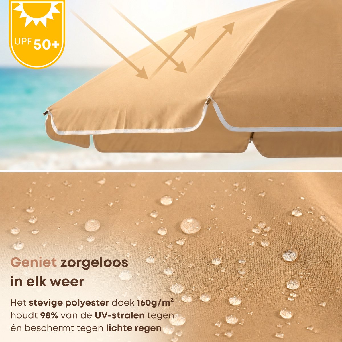 ACAZA Parasol - Strandparasol - Zandbruin - 160 cm diameter - inclusief Draagtas - Rond - Tuinparasol - Kantelbaar - Waterdicht - Terras Parasol voor Appartement - Parasol Strand - Tot 2 Personen – foto 3