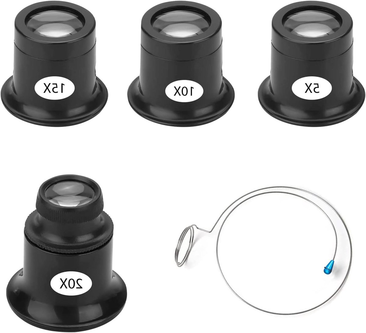 Set van 4 vergrootglazen voor horlogemakers, ideaal voor reparatie van brillen, juwelen en munten met 5x, 10x, 15x en 20x vergroting