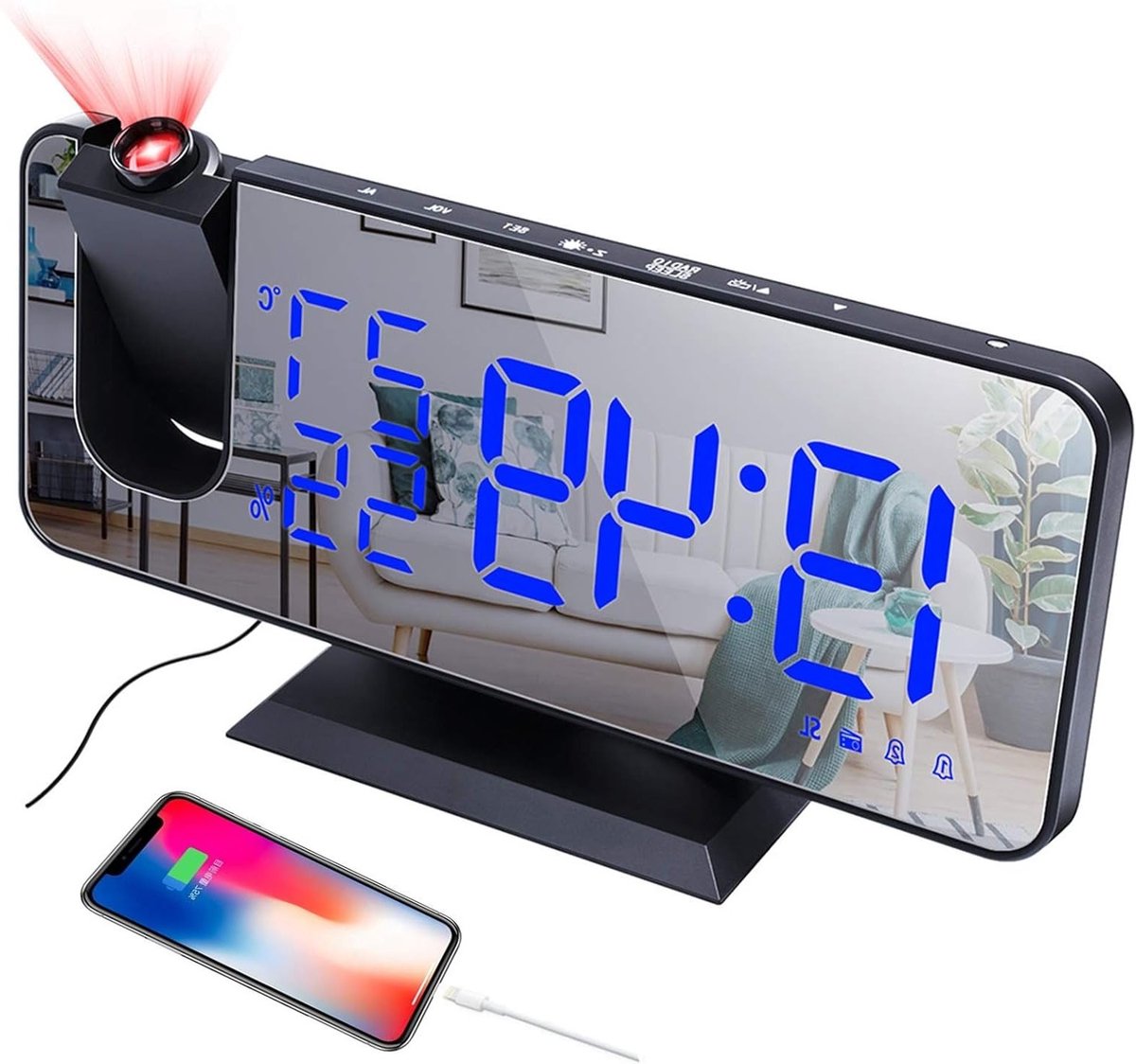 Digitale Projectiewekker met Spiegeloppervlak en Temperatuurweergave - USB-Oplaadbaar, Dubbel Alarm en FM Radio